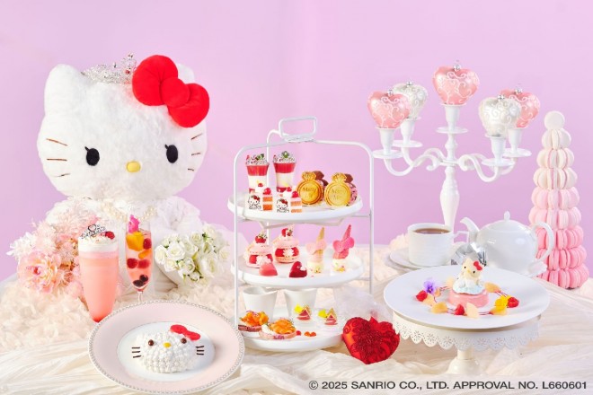 The Hello Kitty Princess Afternoon Tea features character-inspired sweets, including a Kitty-shaped shortcake and tiara-topped mousse, offering a royal and photogenic dessert experience.